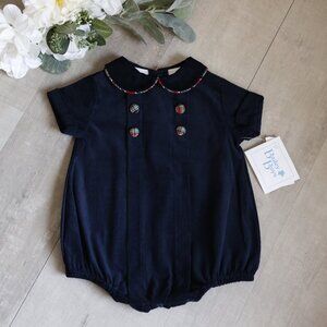 Baby Boy's Navy Corduroy Classic Plaid Dressy Romper Plaid Trim Bailey Boys NWT